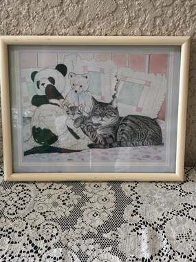 Vintage 1985 Jacquie Marie Vaux Framed Cat and Stuffed Animal Print